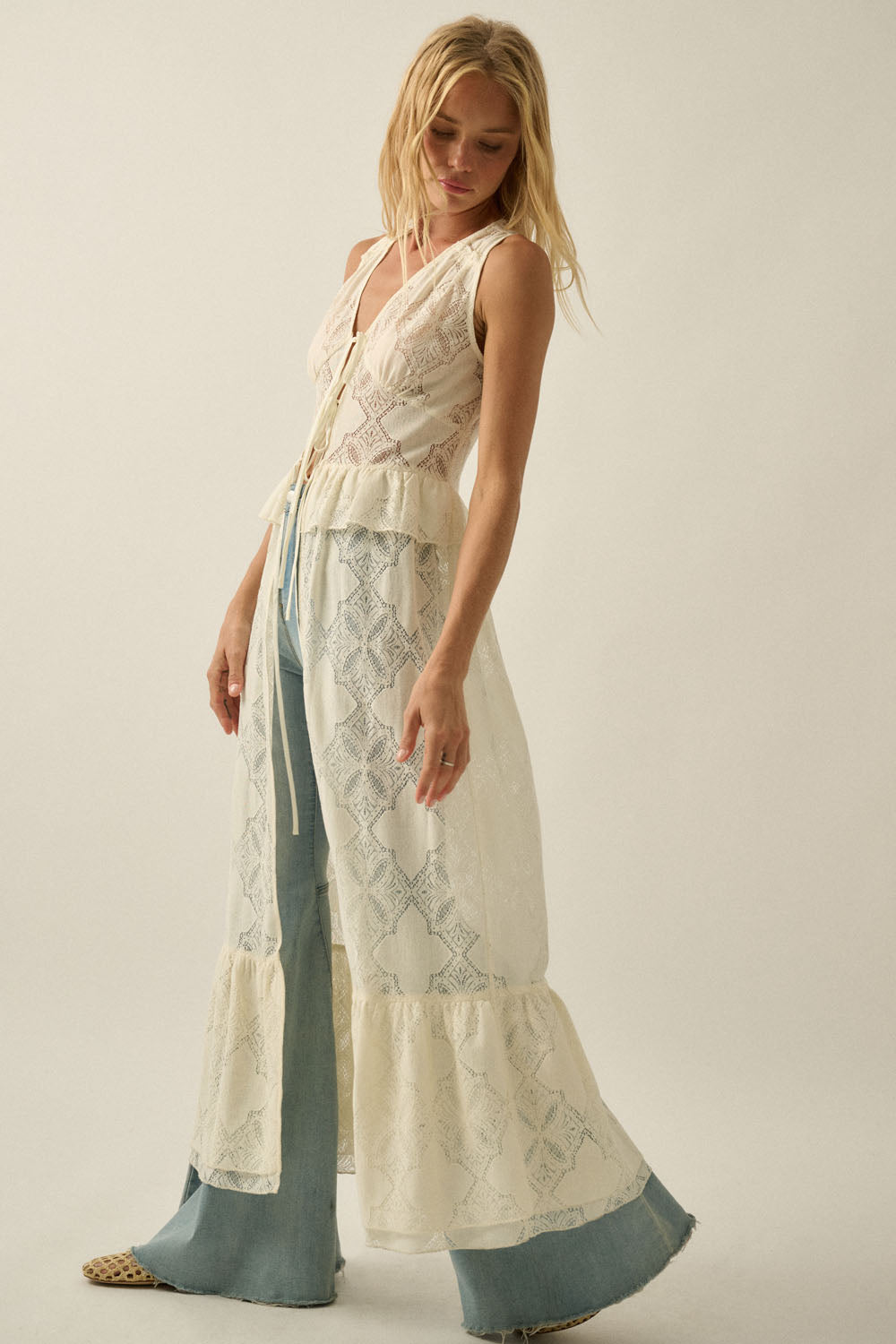 Floral Lace Ruffled Tie Maxi Top