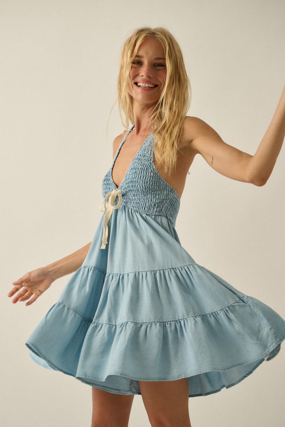 Tencel Denim Halter Ruffle Romper