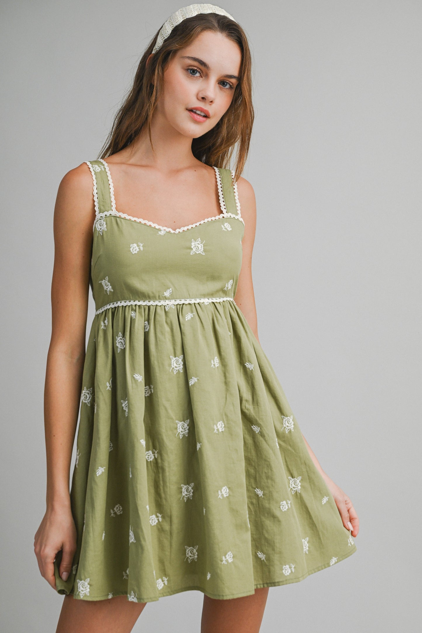 Sage Embroidered Babydoll Mini Dress