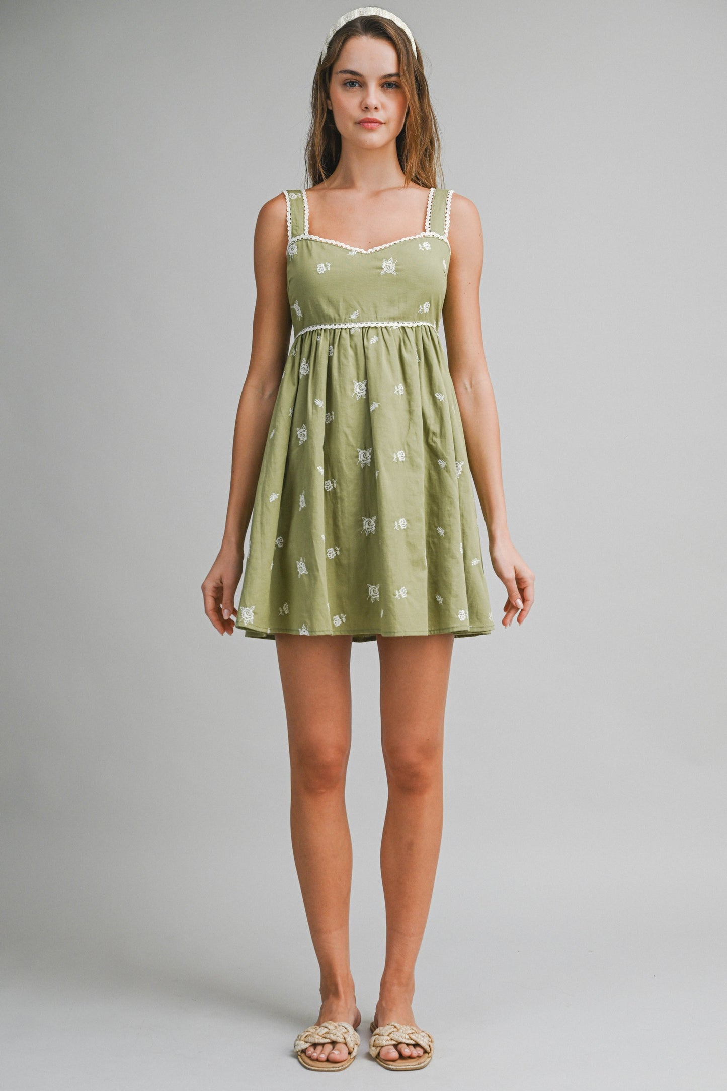 Sage Embroidered Babydoll Mini Dress