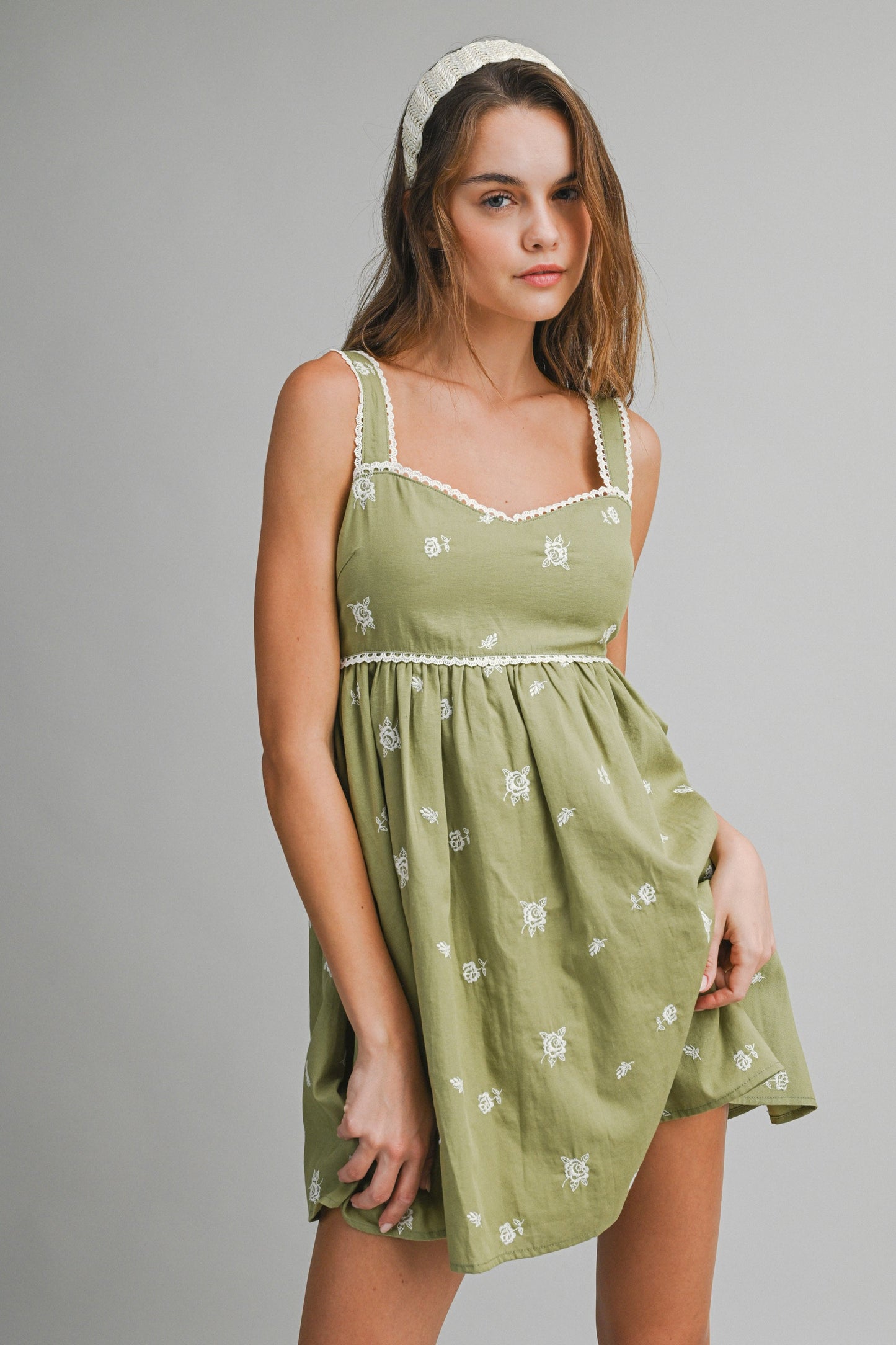 Sage Embroidered Babydoll Mini Dress