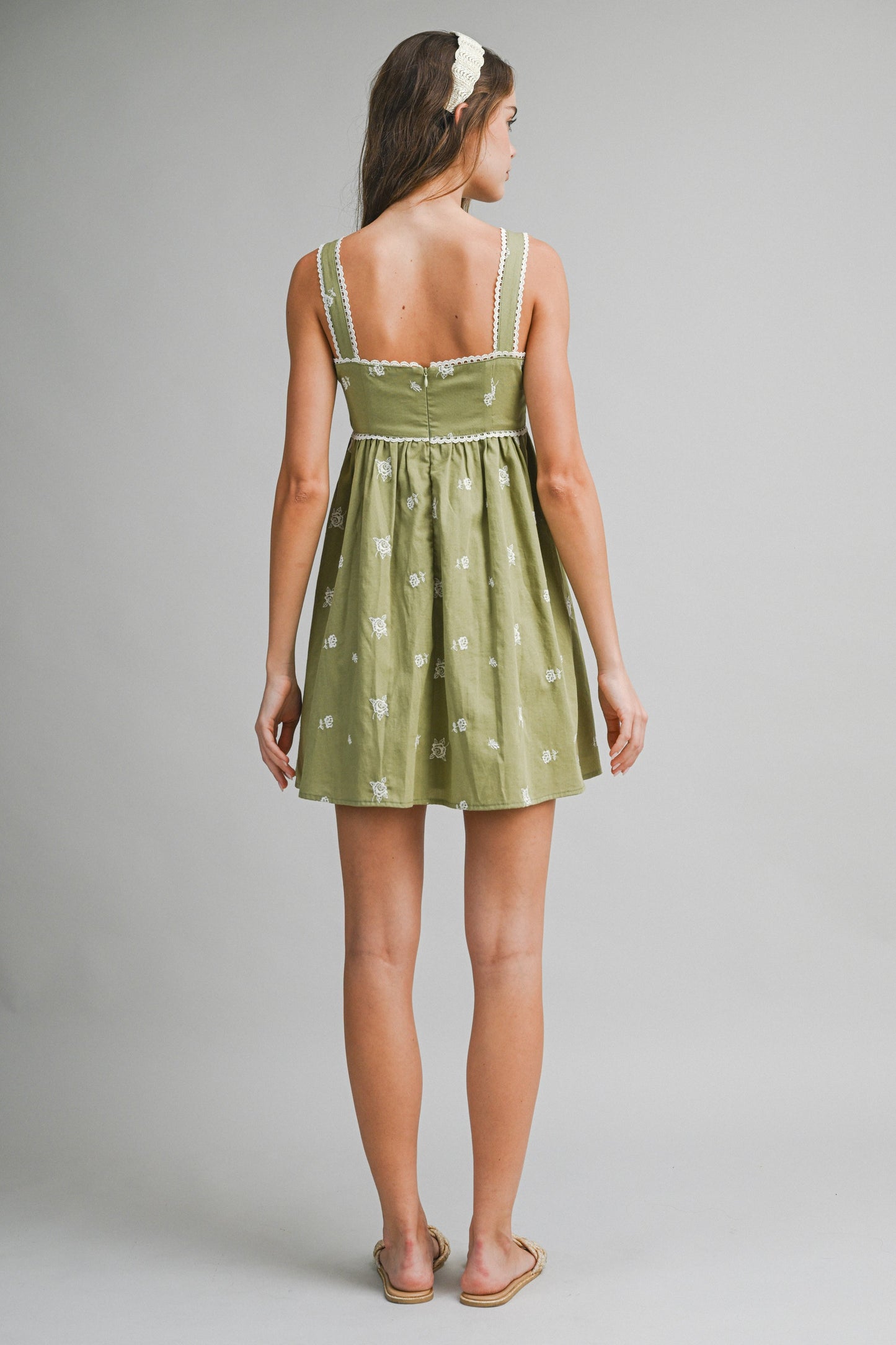 Sage Embroidered Babydoll Mini Dress
