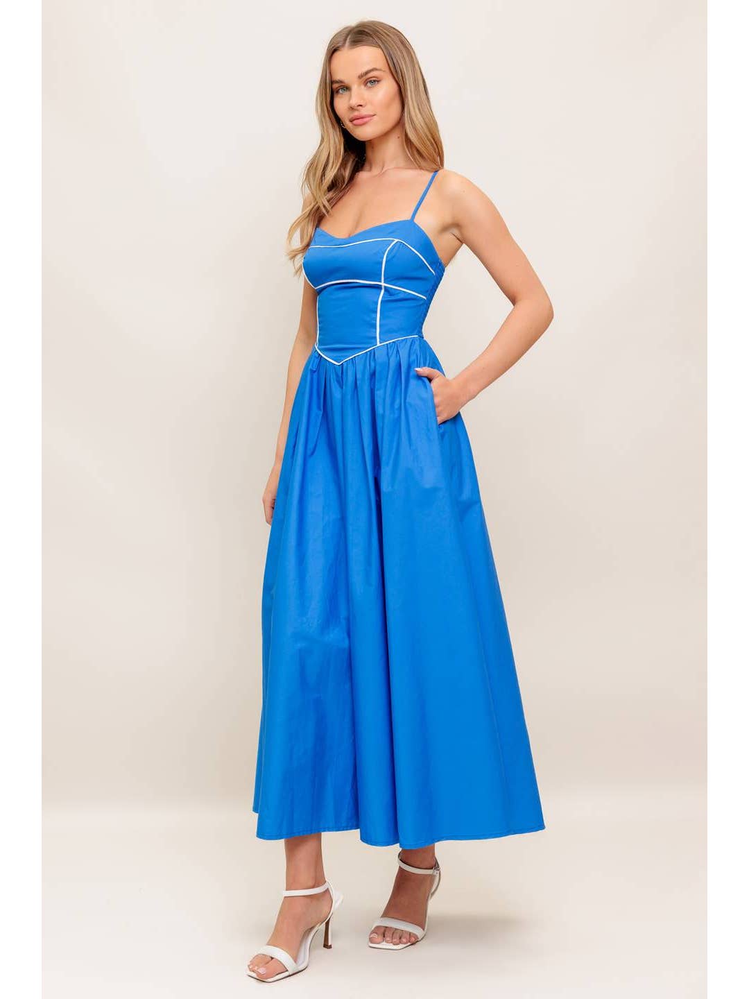 Cobalt Blue Contrast Trim Midi Dress