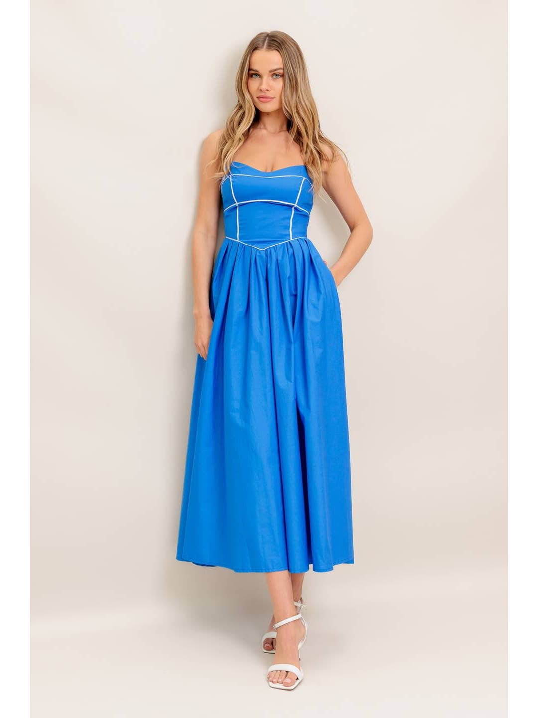 Cobalt Blue Contrast Trim Midi Dress