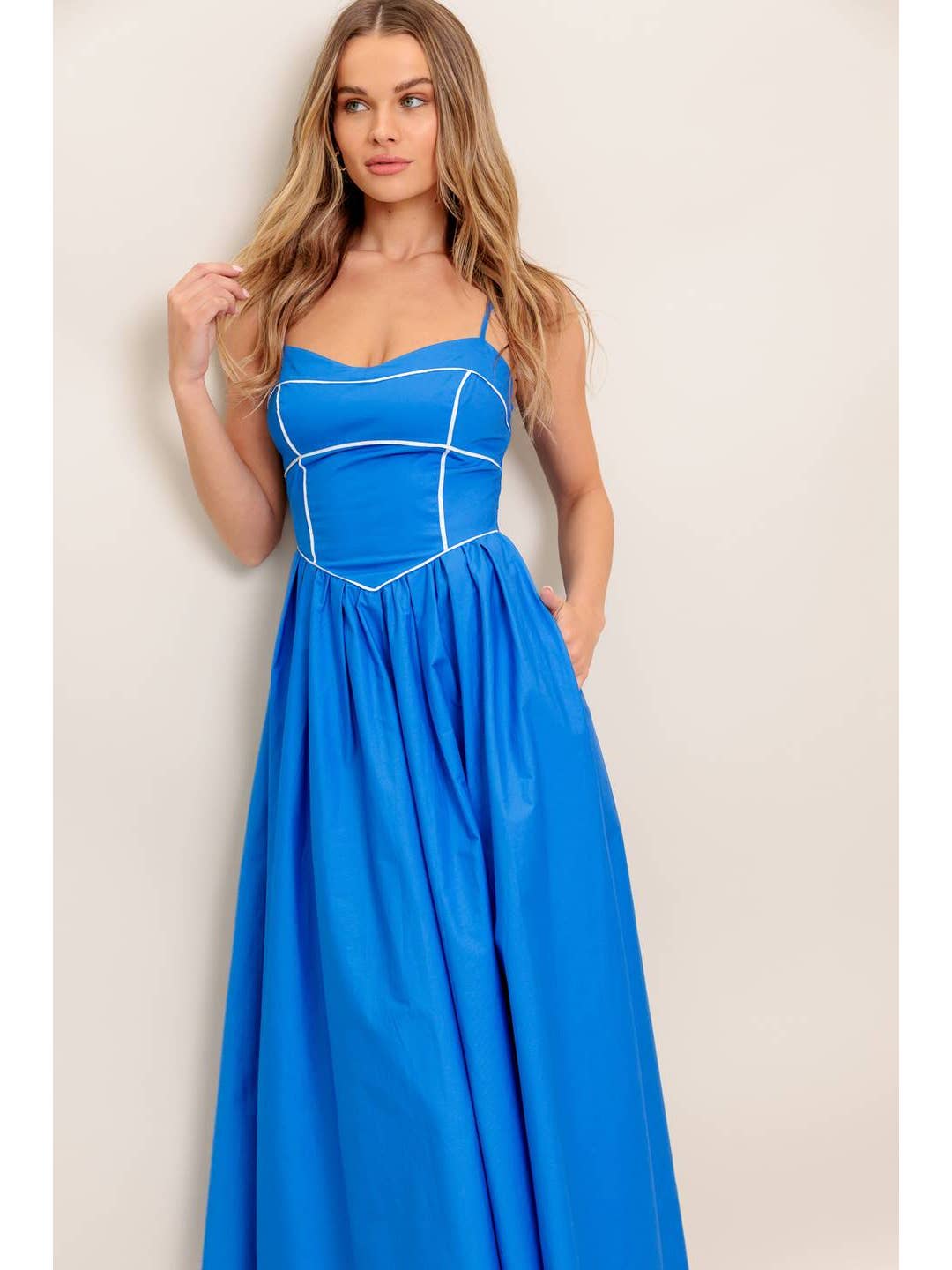 Cobalt Blue Contrast Trim Midi Dress