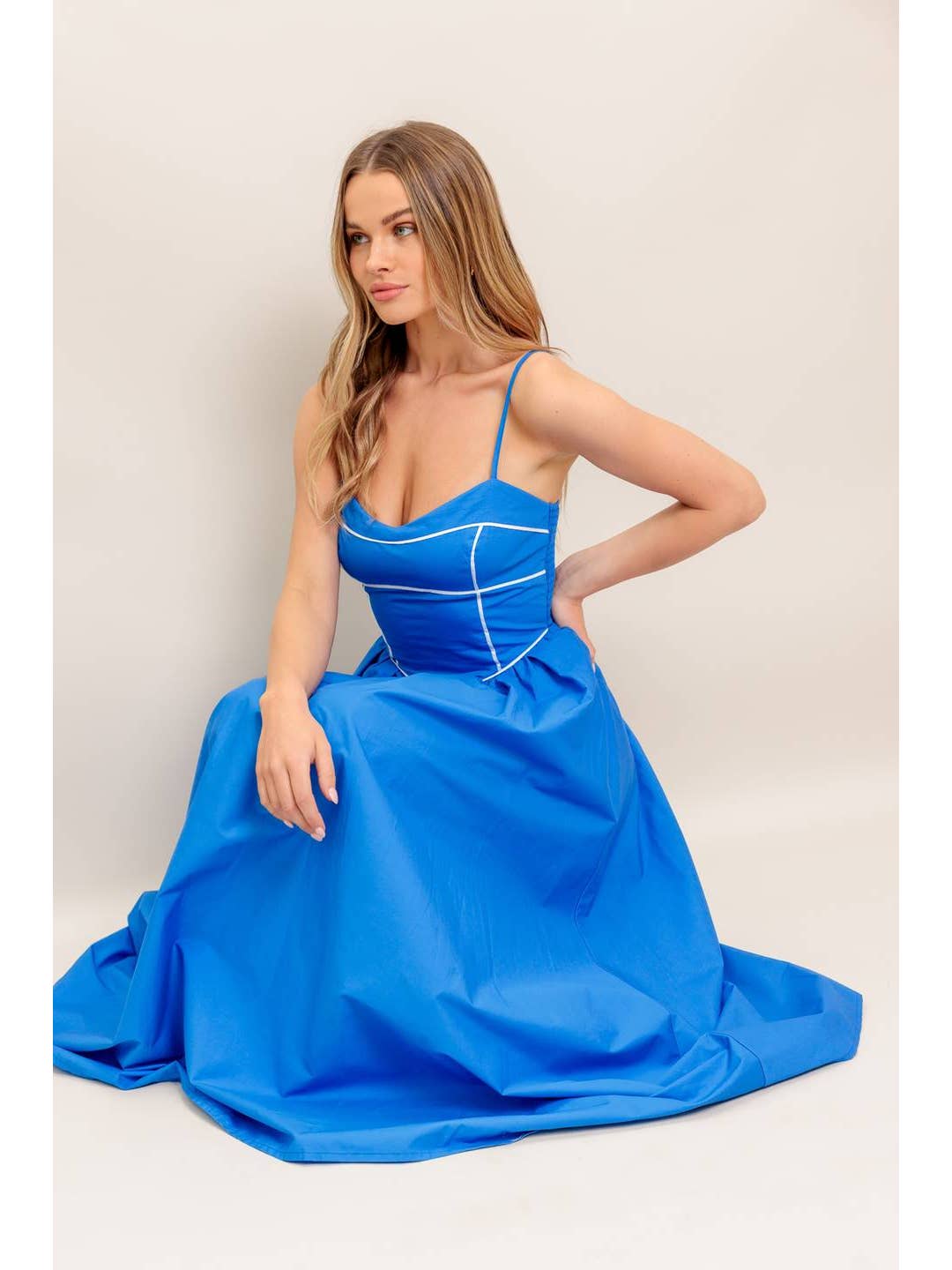Cobalt Blue Contrast Trim Midi Dress