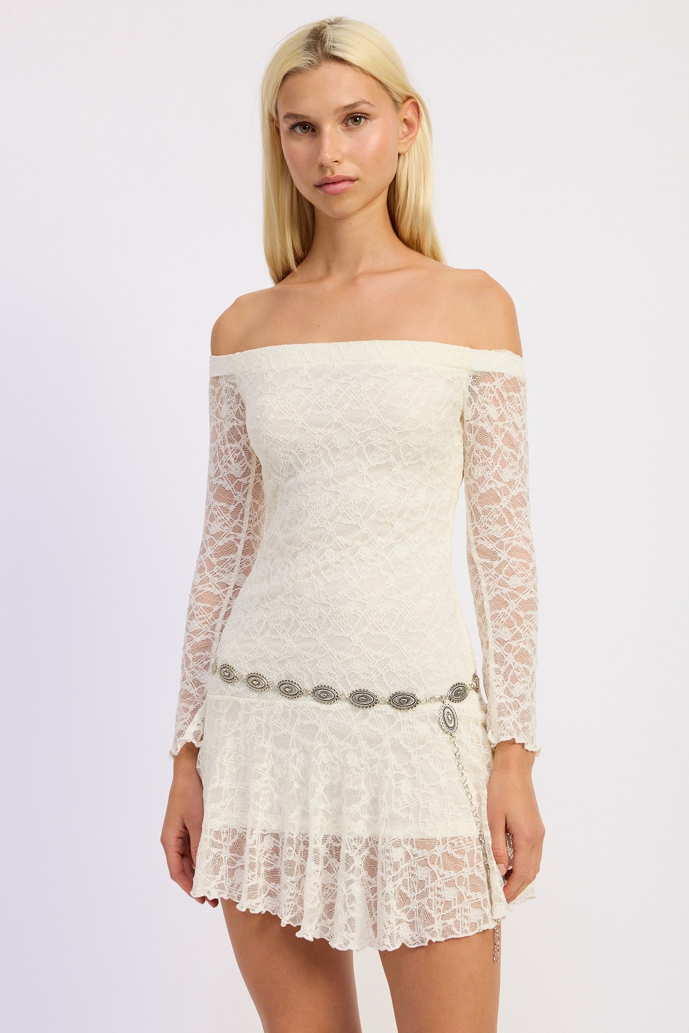 Off Shoulder Lace Mini Dress W/ Silver Belt