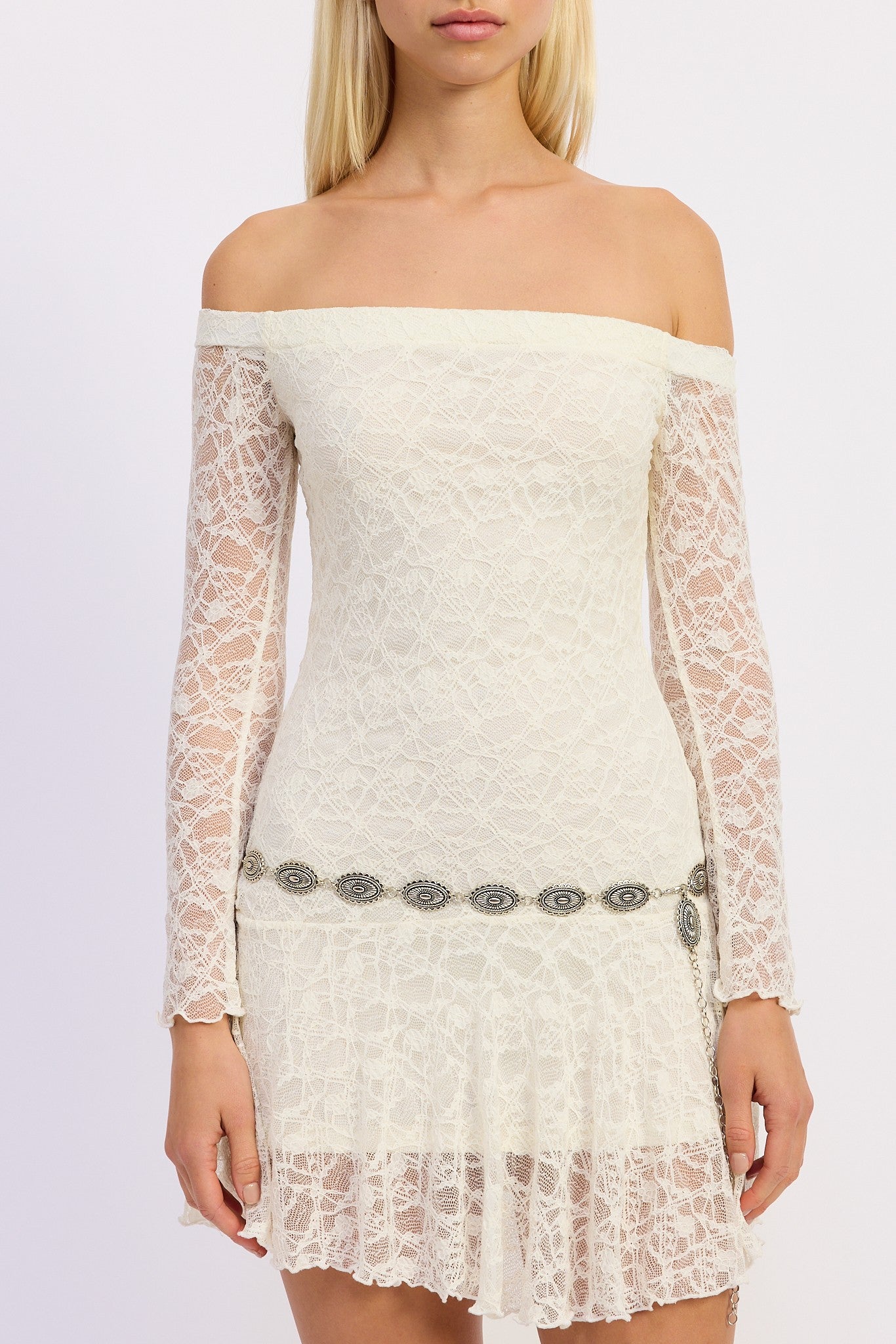 Off Shoulder Lace Mini Dress W/ Silver Belt