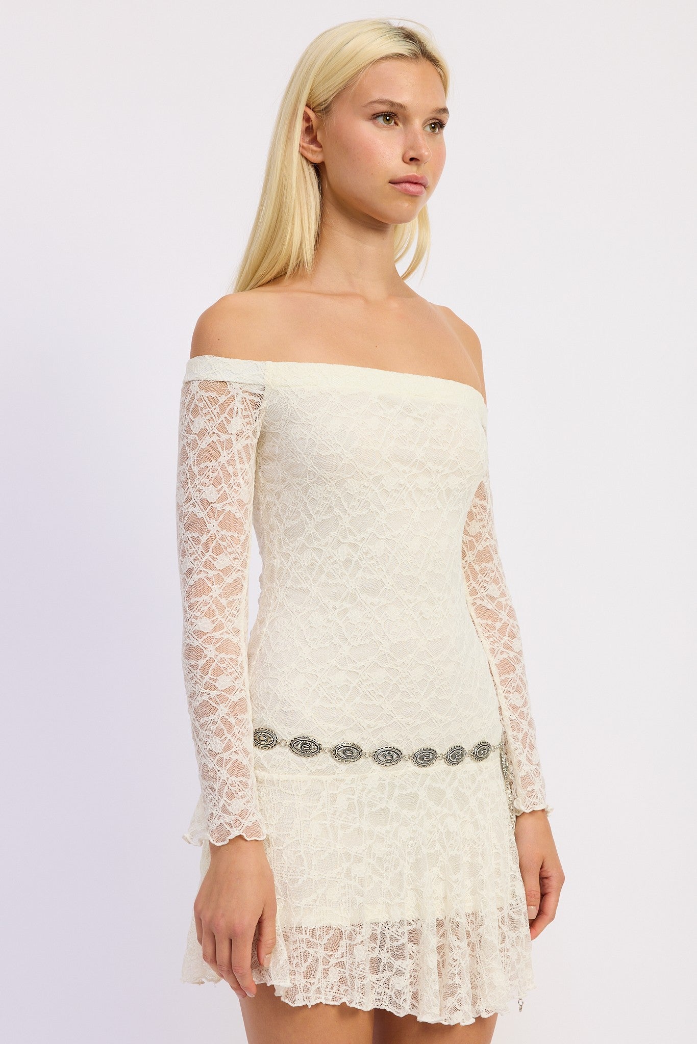 Off Shoulder Lace Mini Dress W/ Silver Belt