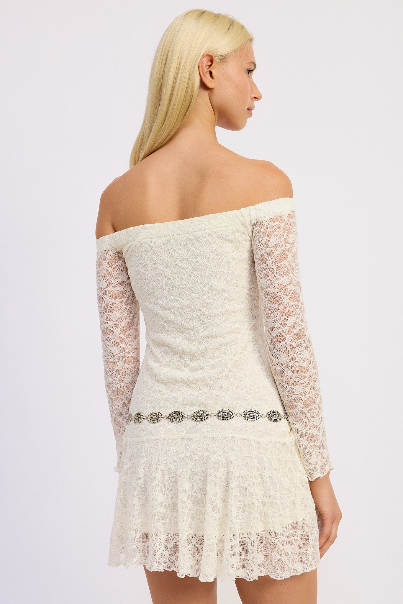 Off Shoulder Lace Mini Dress W/ Silver Belt