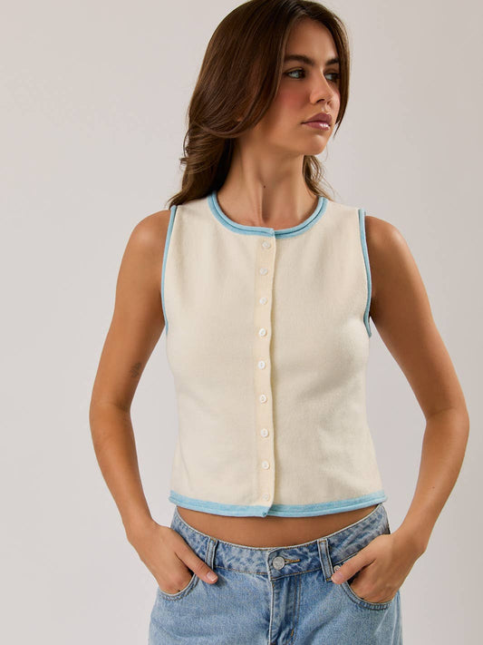 Ivory & Blue Sleeveless Sweater Top