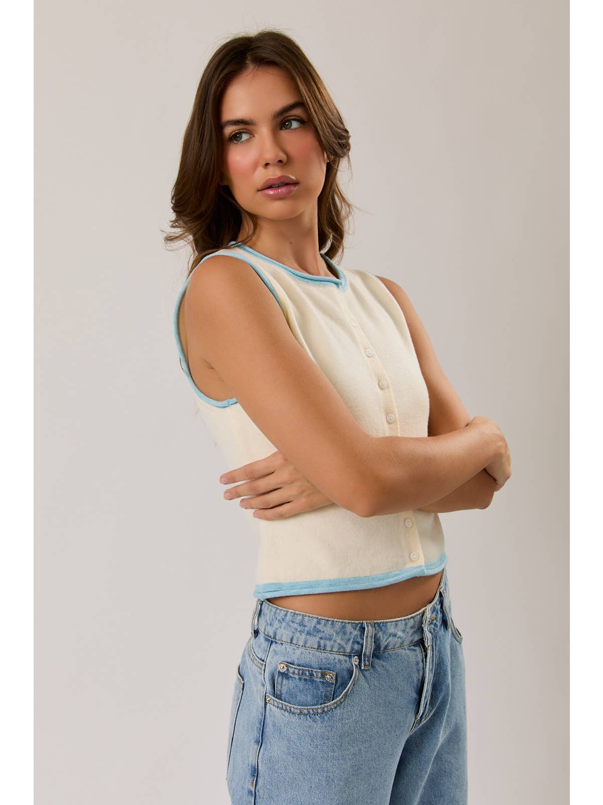 Ivory & Blue Sleeveless Sweater Top