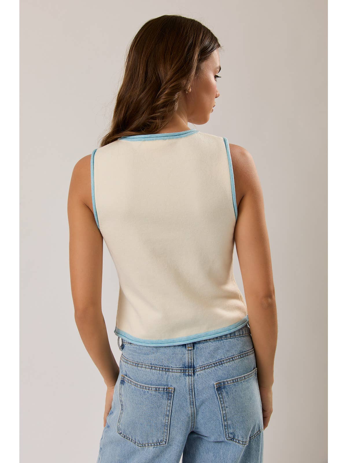 Ivory & Blue Sleeveless Sweater Top
