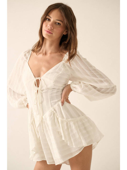 Tonal-Stripe Ruffled Off White Romper