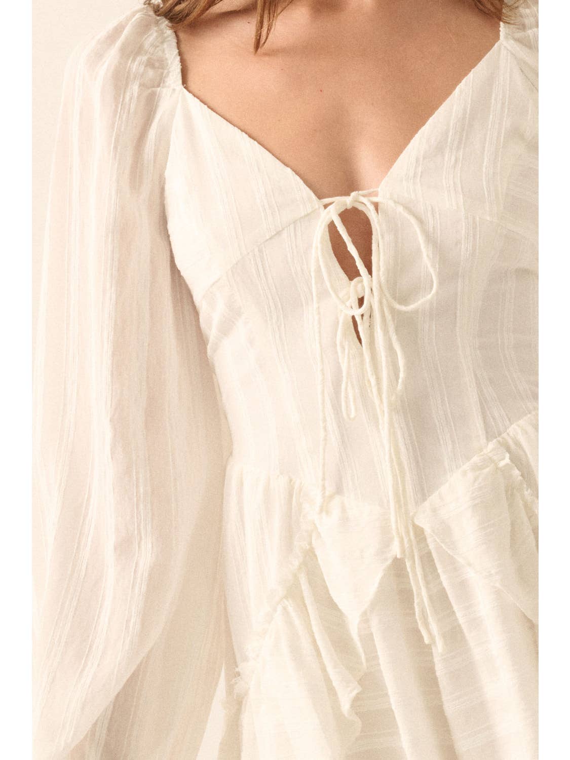 Tonal-Stripe Ruffled Off White Romper