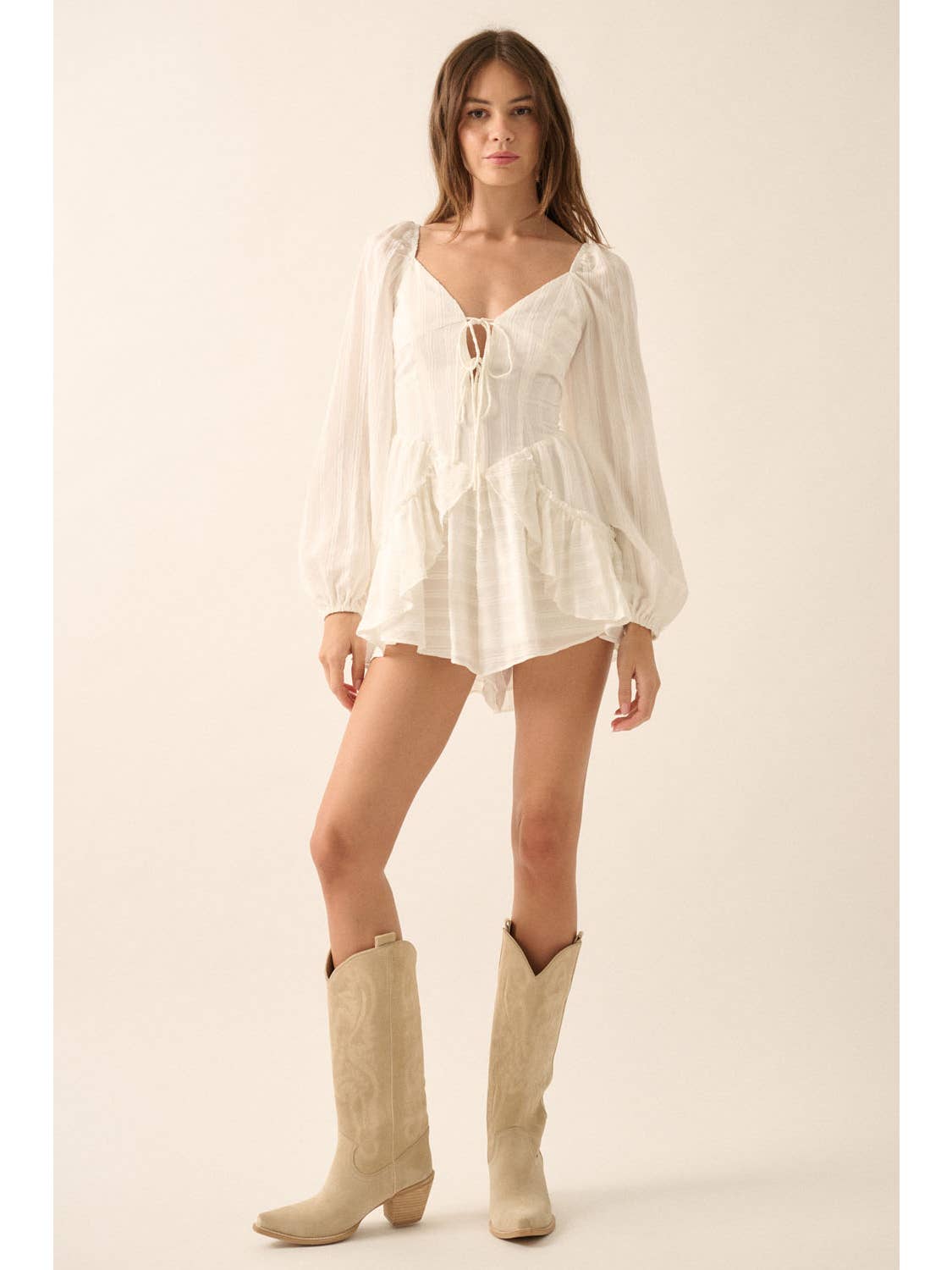 Tonal-Stripe Ruffled Off White Romper