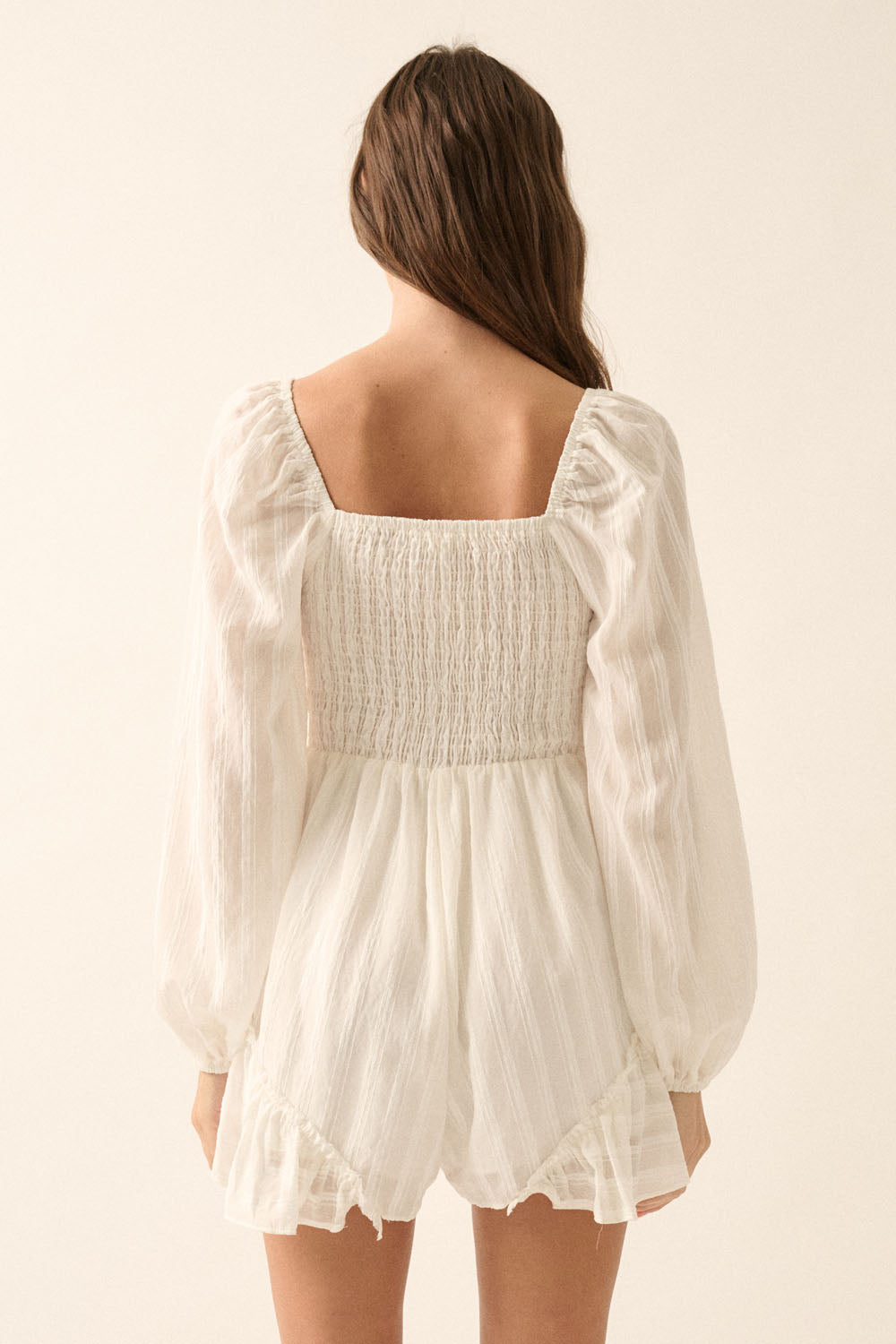Tonal-Stripe Ruffled Off White Romper