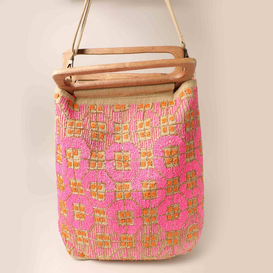 Boho Beaded & Wooden Handle Bag