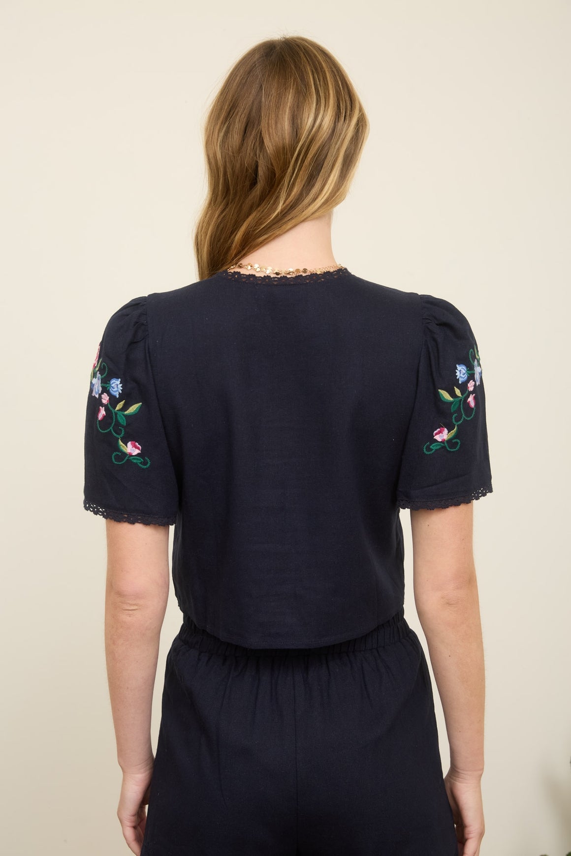 Navy Embroidered Top & Shorts Set