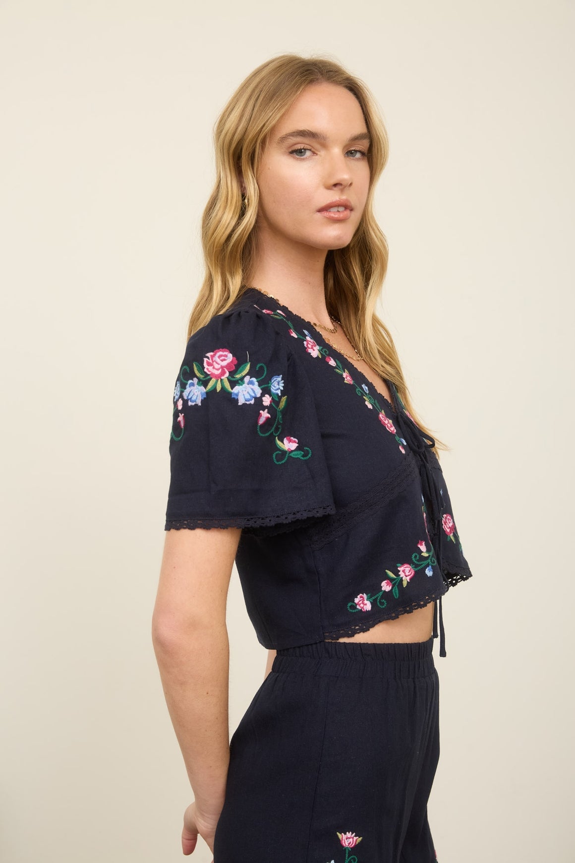 Navy Embroidered Top & Shorts Set