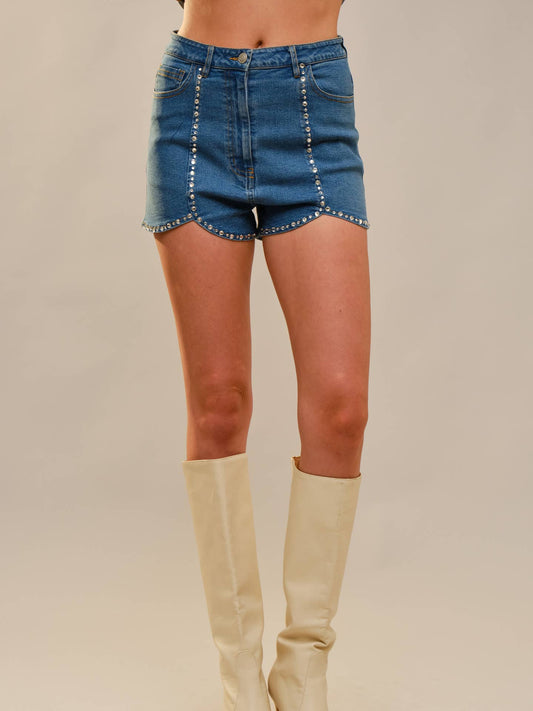 Scallop Rhinestone Denim Shorts