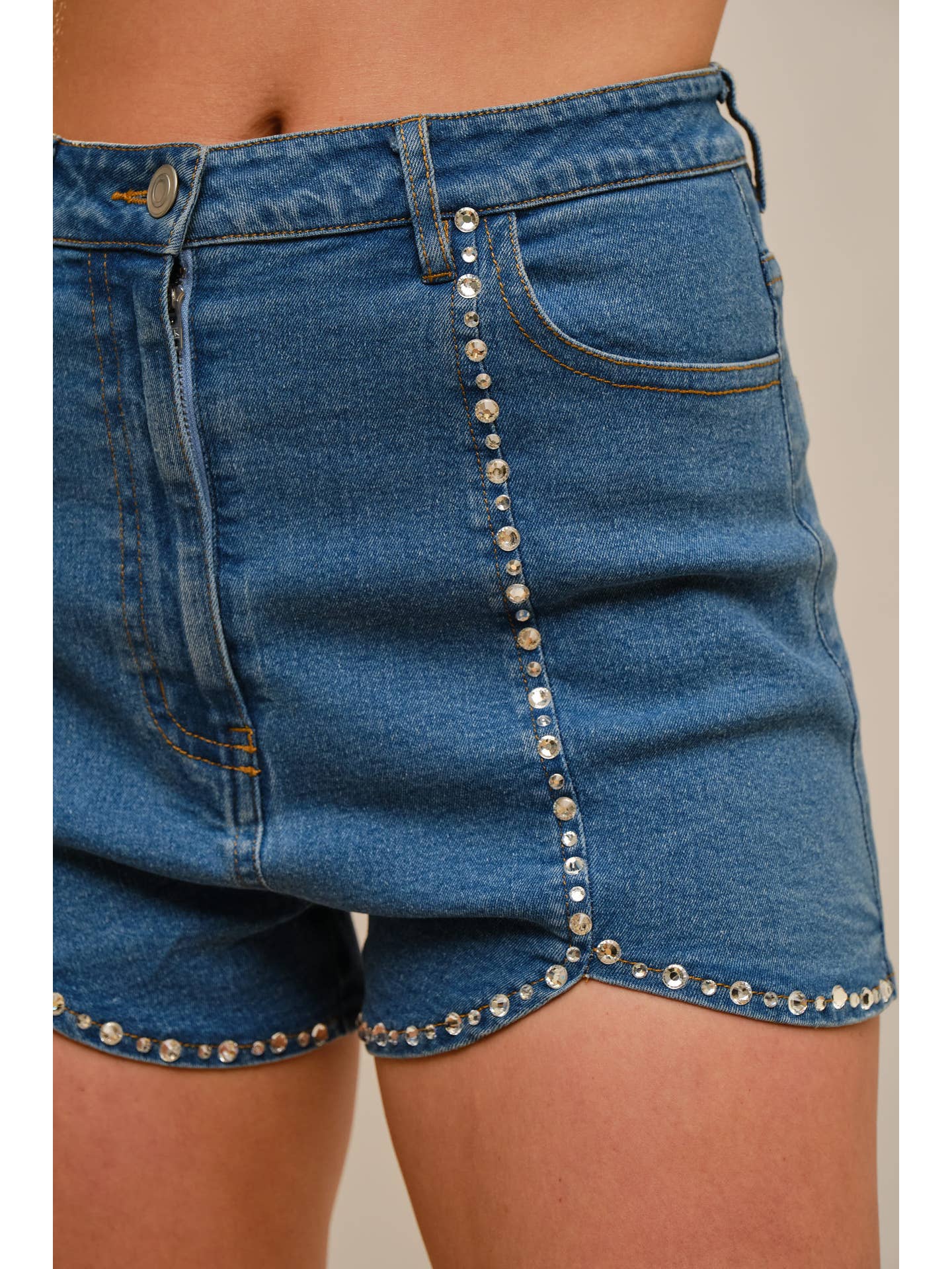 Scallop Rhinestone Denim Shorts