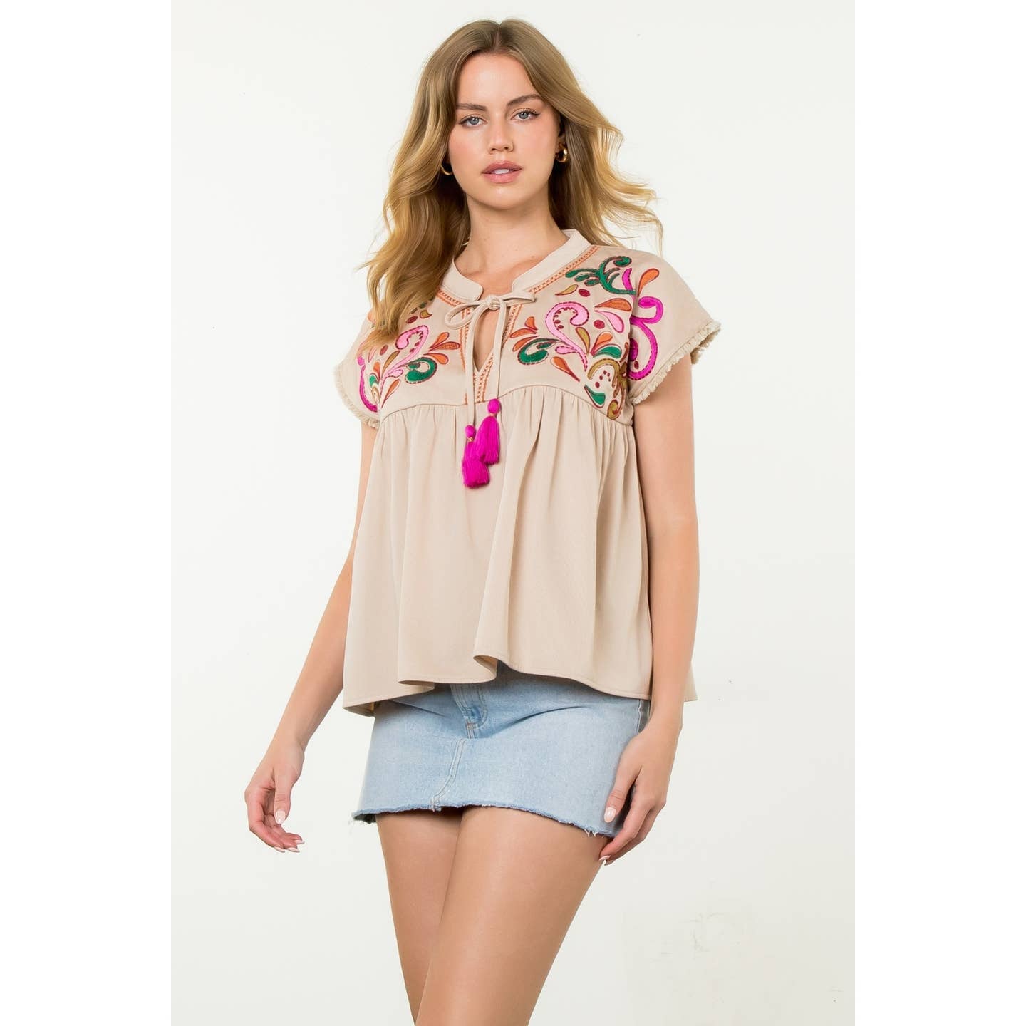 Khaki Embroidered Frayed Top