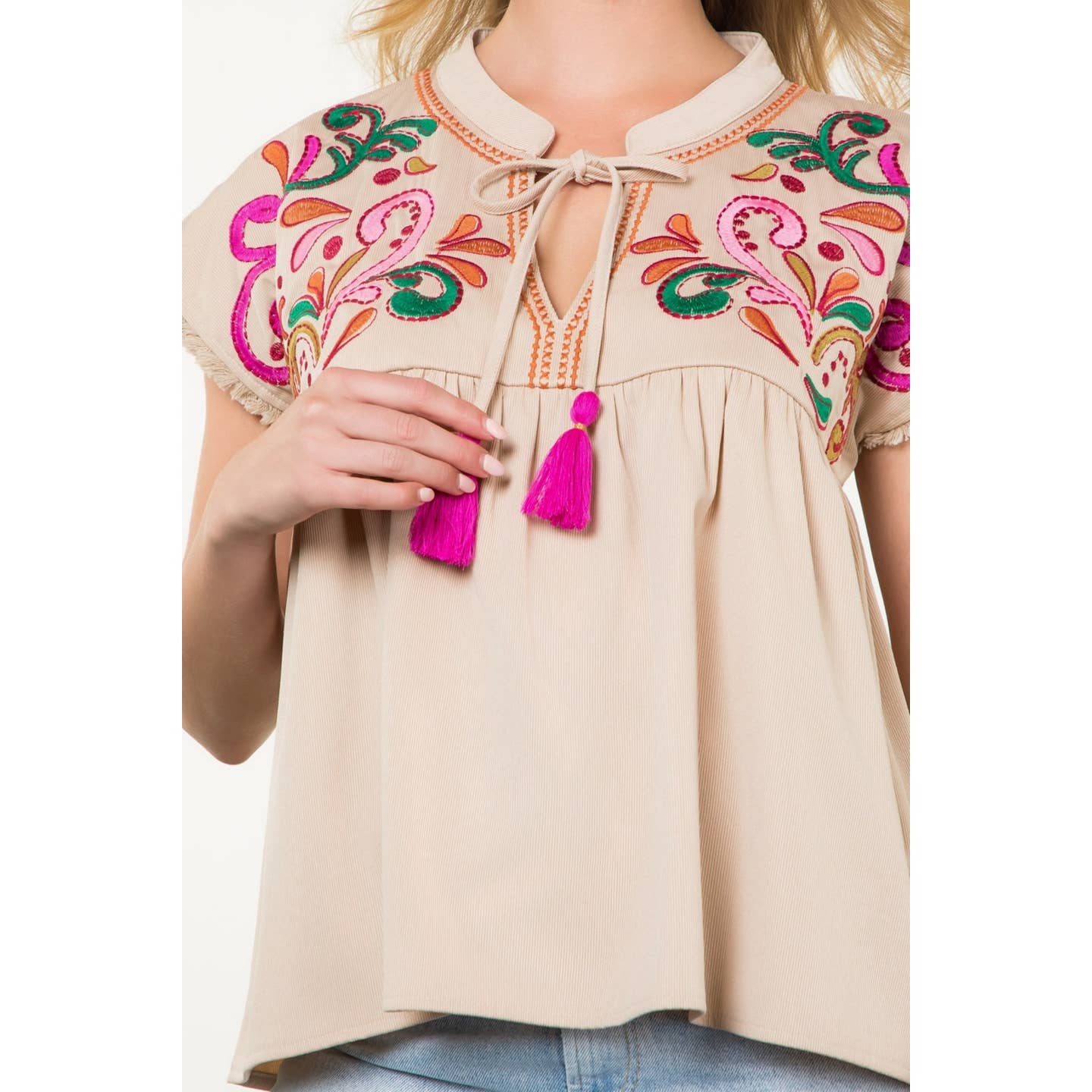 Khaki Embroidered Frayed Top