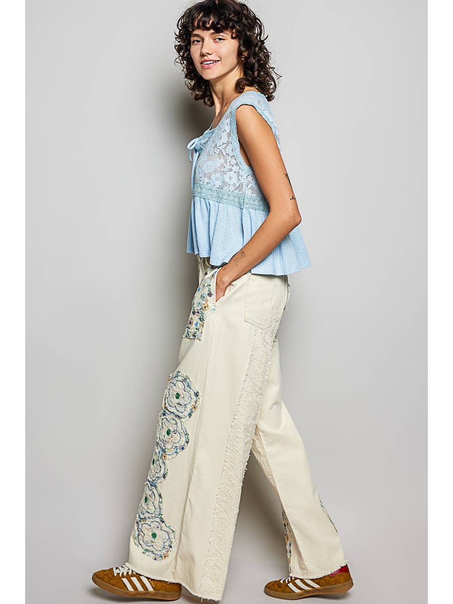 Floral Patch Wide Leg Pants