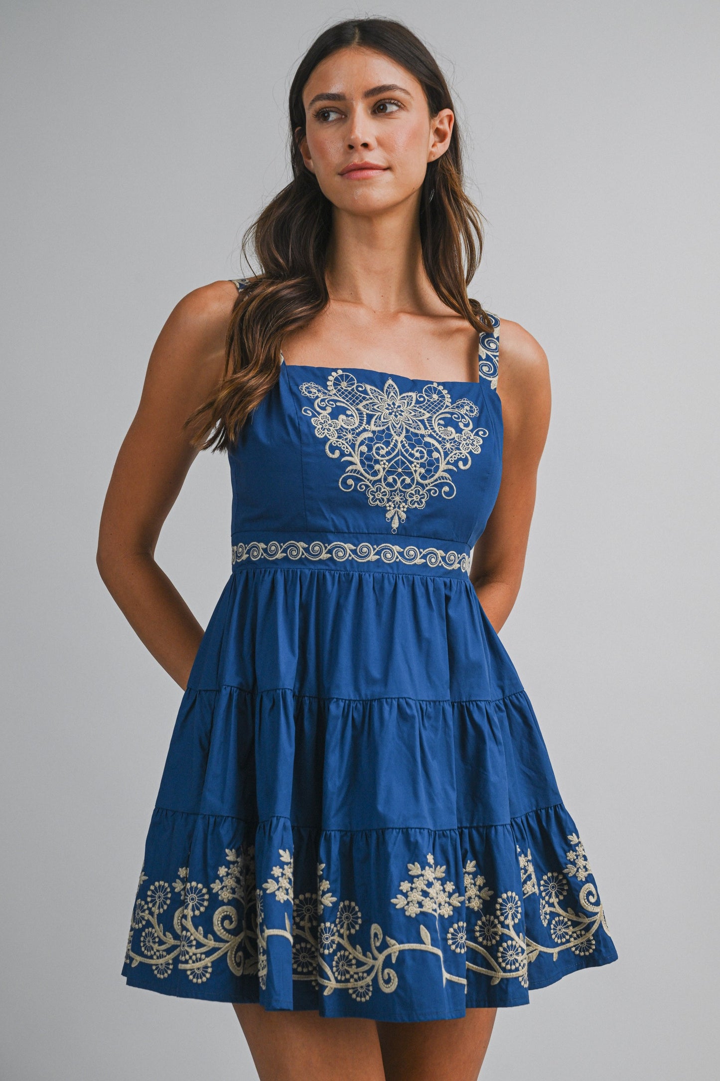 Blue Embroidered Mini Dress