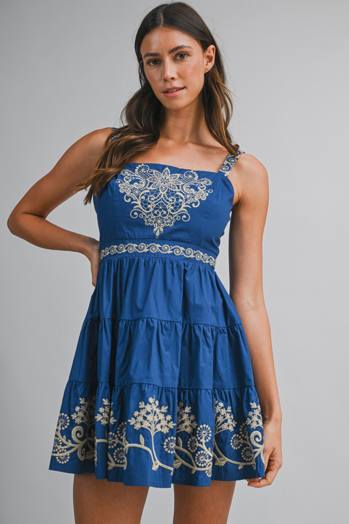 Blue Embroidered Mini Dress