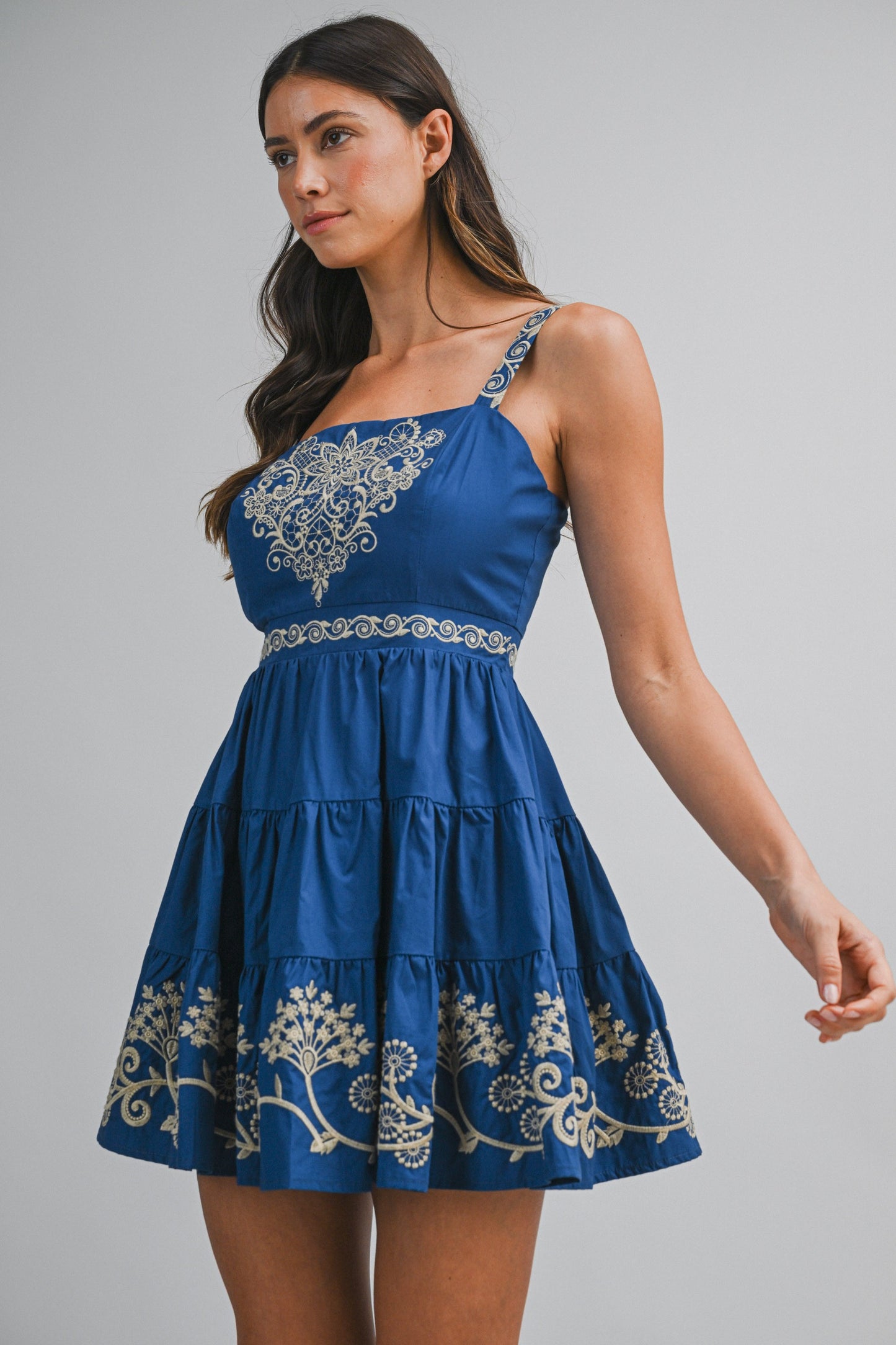 Blue Embroidered Mini Dress