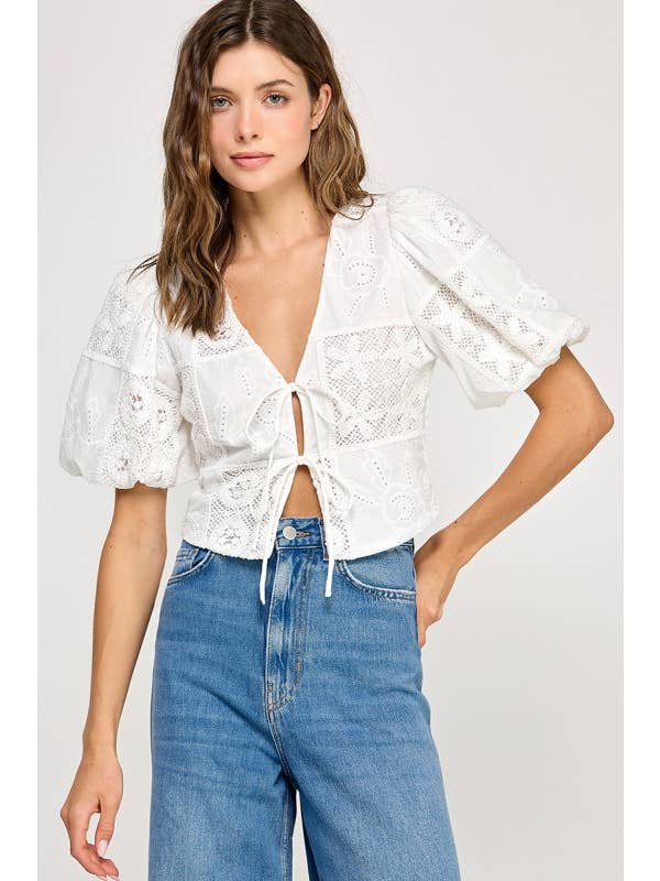 White Embroider Puff Sleeve  Blouse Top