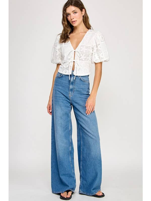 White Embroider Puff Sleeve  Blouse Top