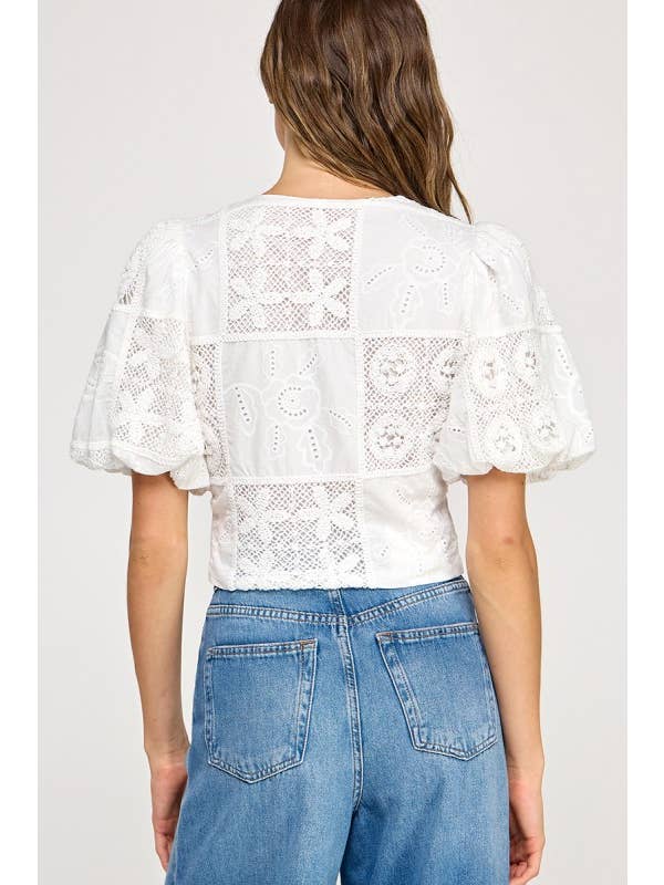 White Embroider Puff Sleeve  Blouse Top