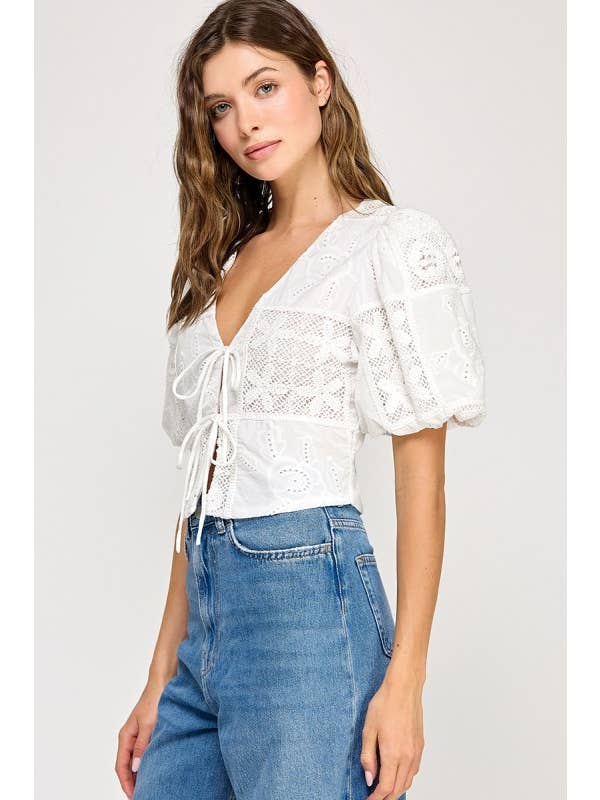 White Embroider Puff Sleeve  Blouse Top