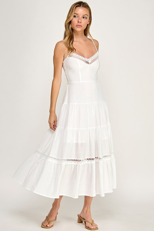 White Lace Trim Midi Dress