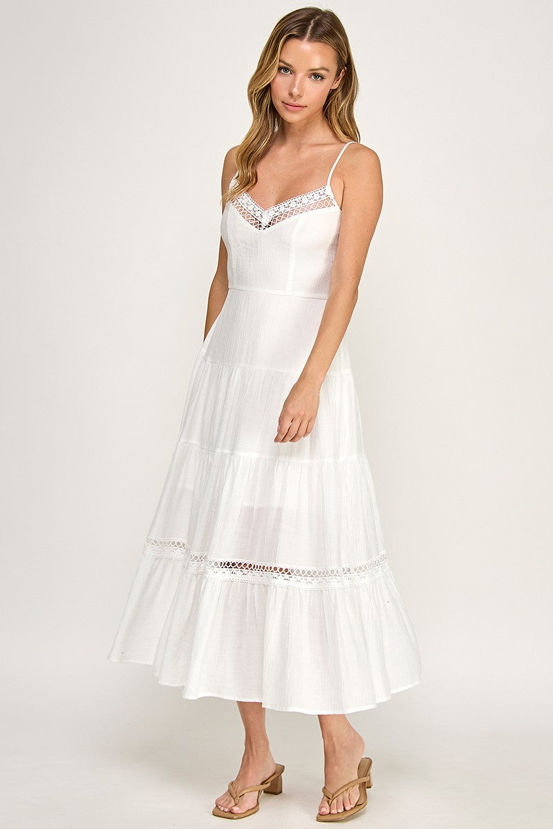 White Lace Trim Midi Dress