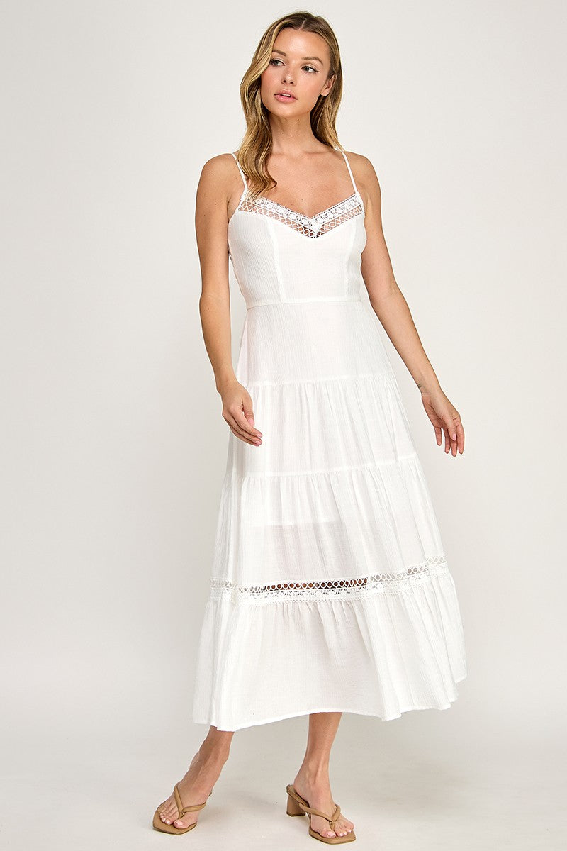 White Lace Trim Midi Dress