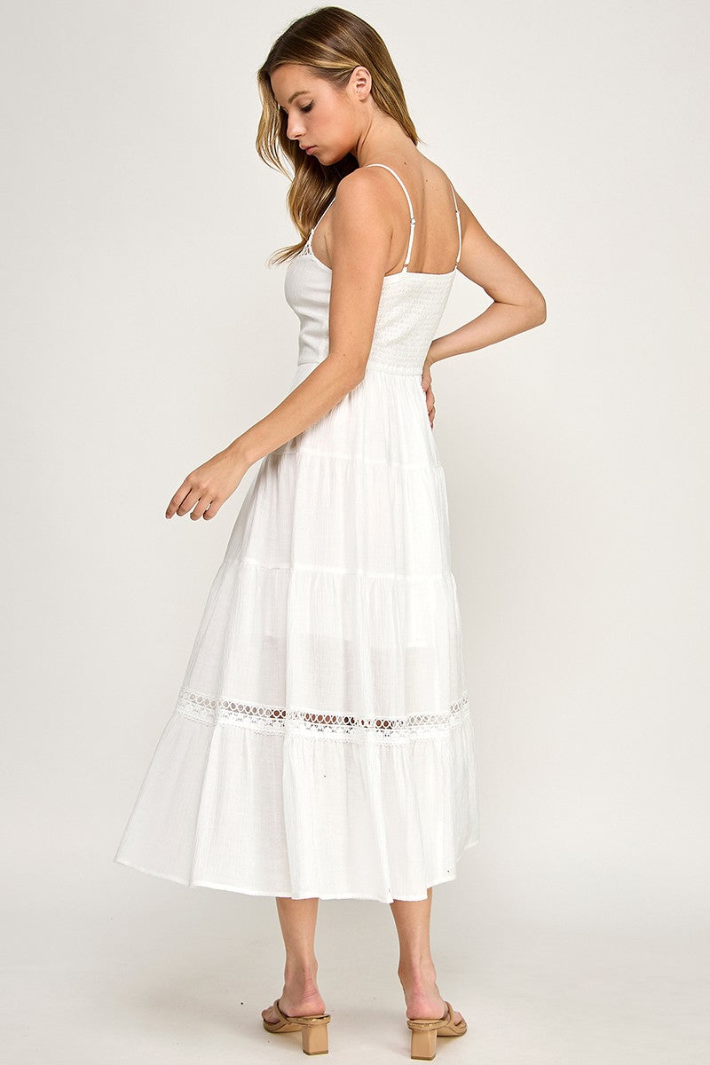 White Lace Trim Midi Dress