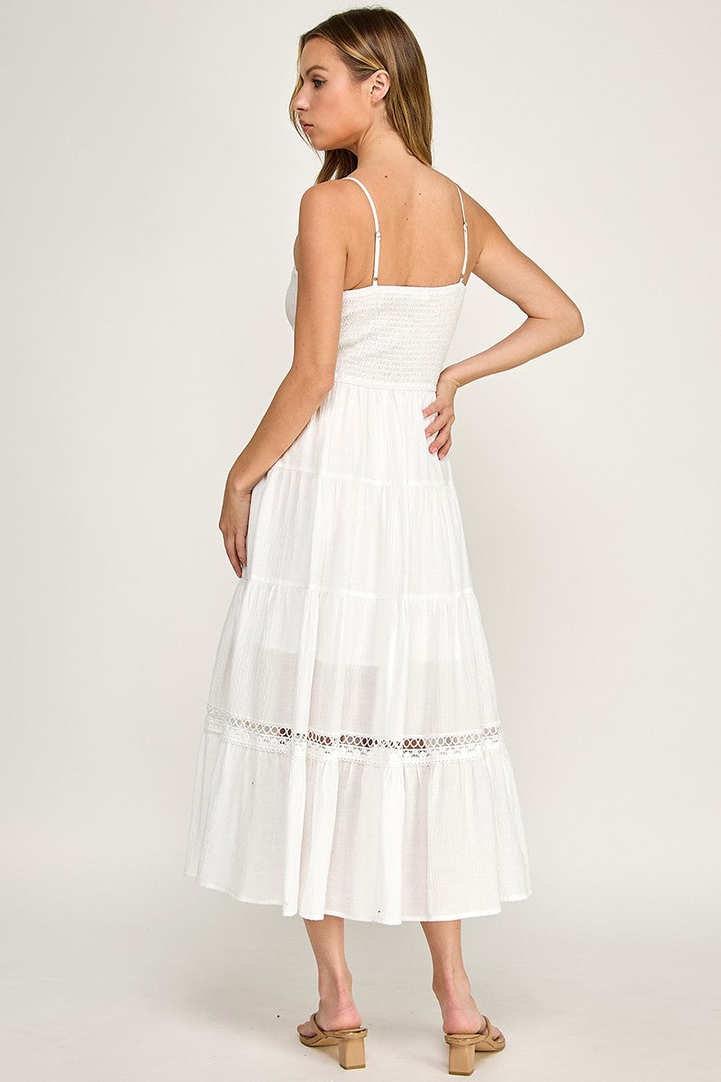 White Lace Trim Midi Dress