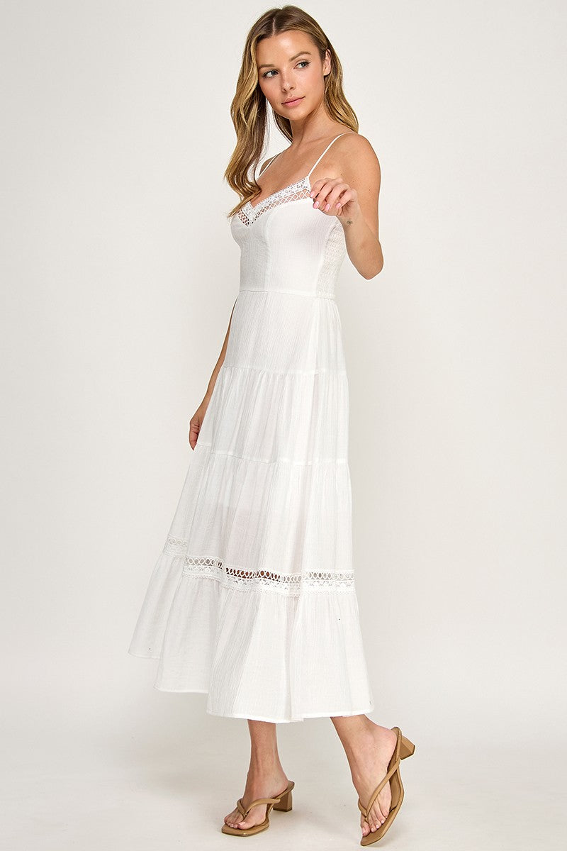 White Lace Trim Midi Dress