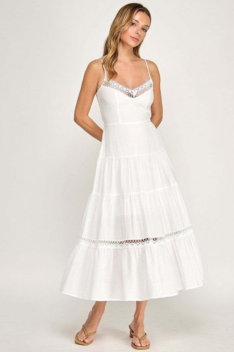 White Lace Trim Midi Dress