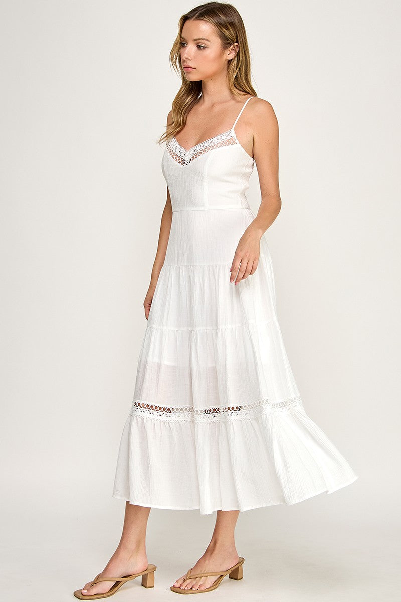 White Lace Trim Midi Dress