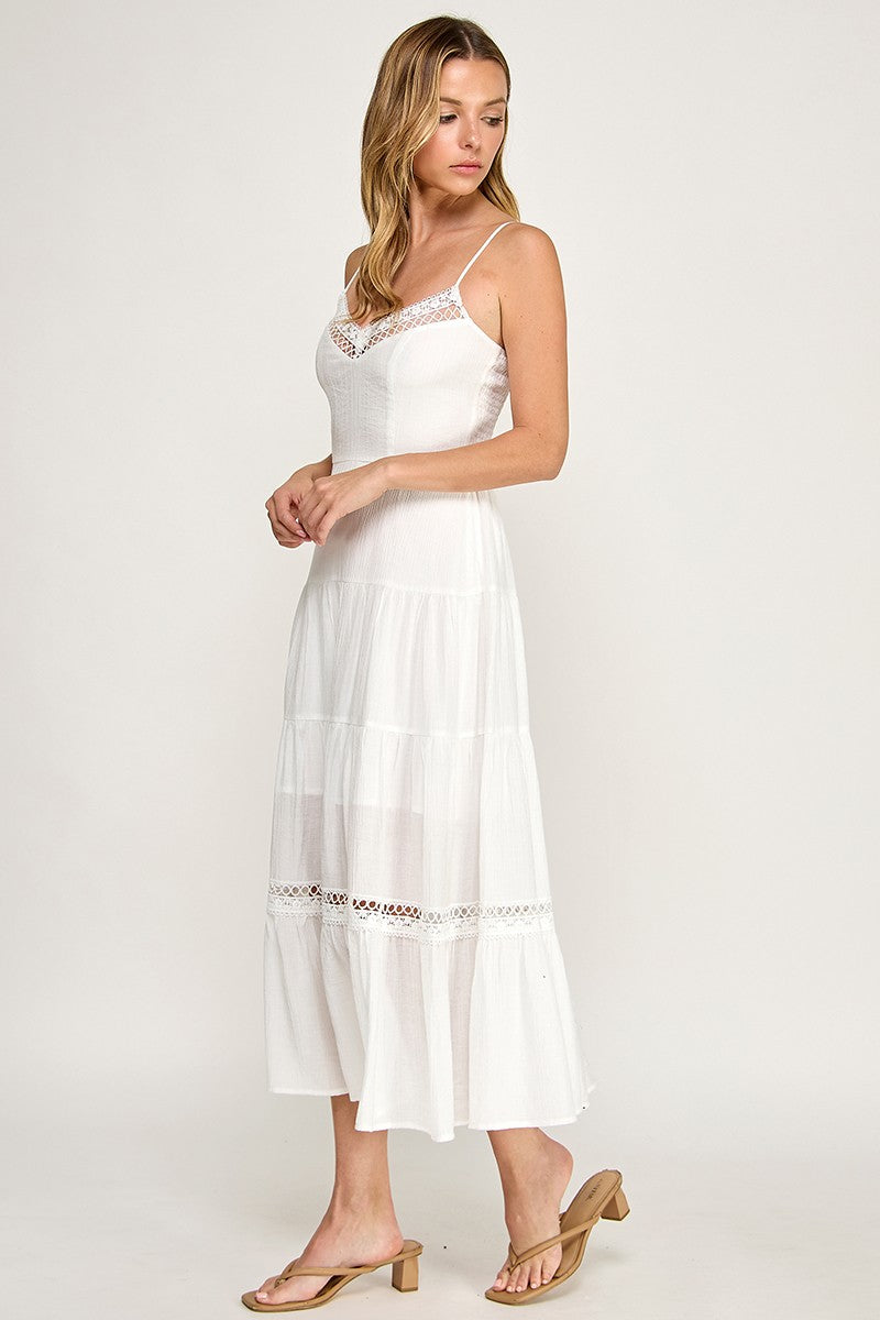 White Lace Trim Midi Dress