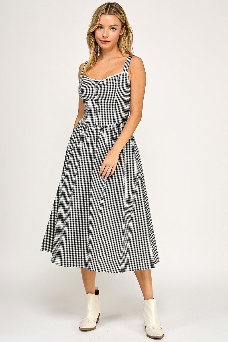 Black Gingham Midi Dress