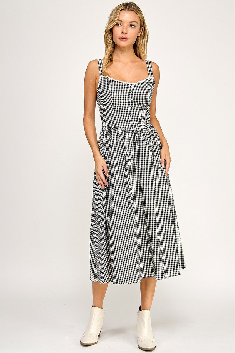 Black Gingham Midi Dress