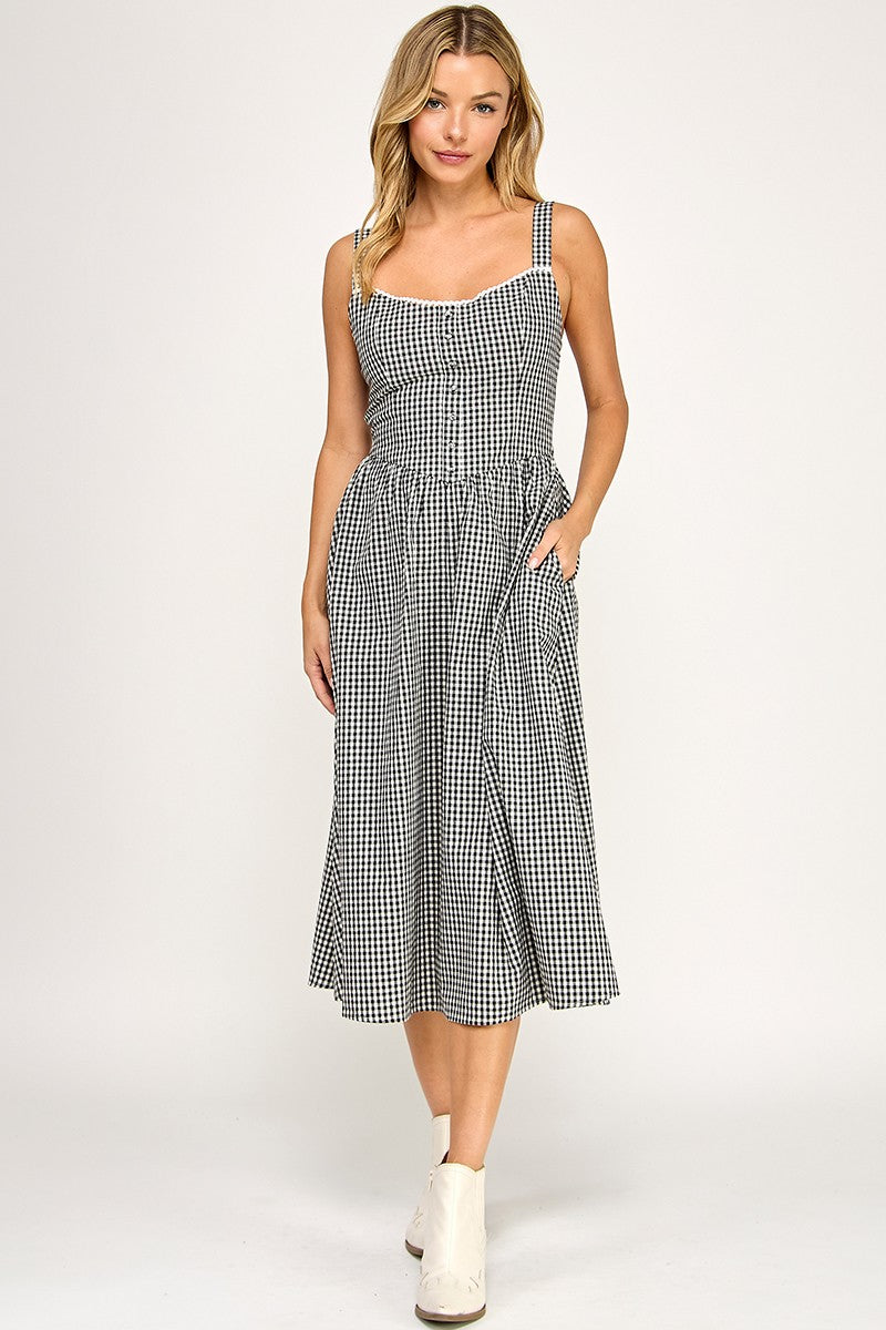 Black Gingham Midi Dress