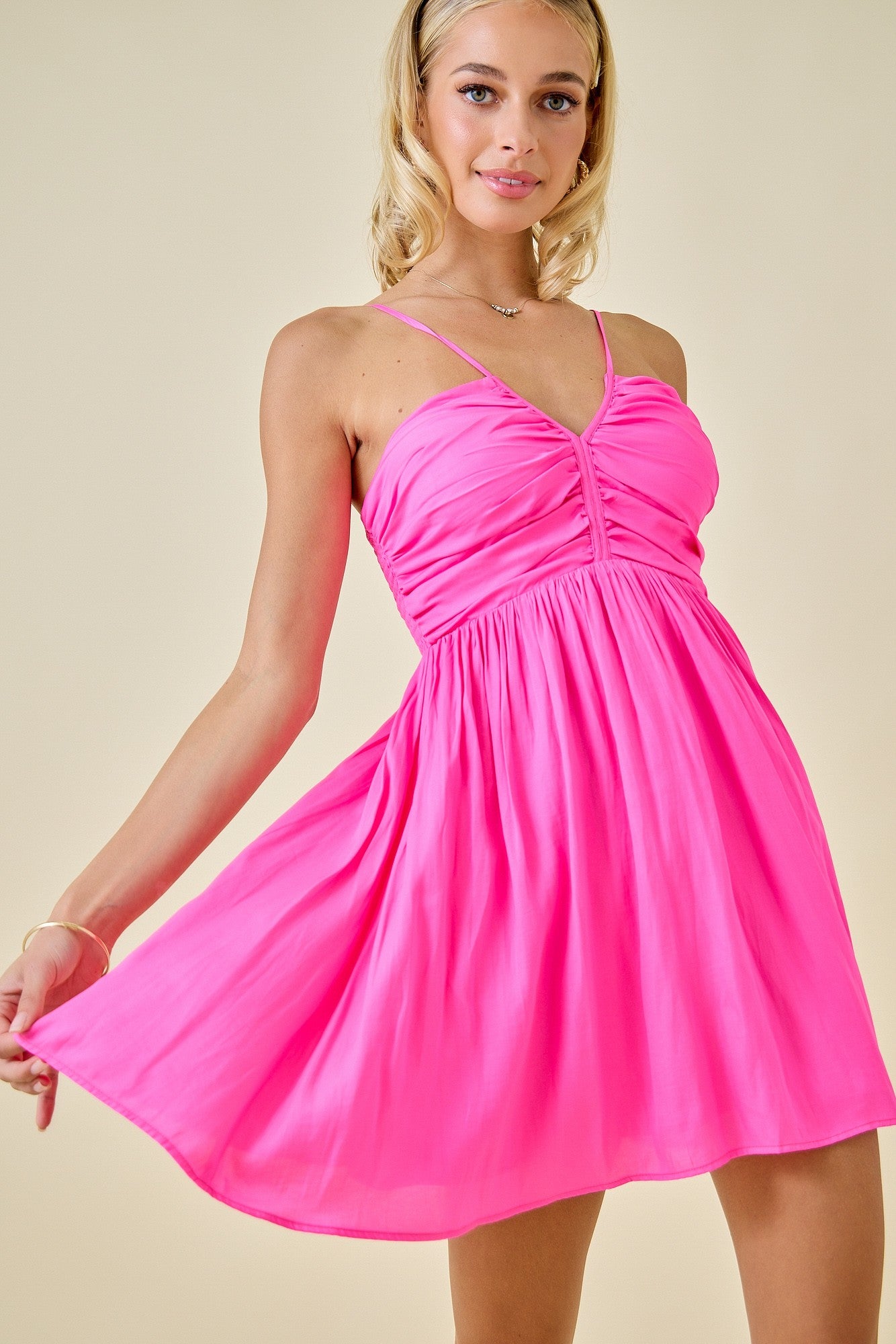 Shirred V-Neck Bright Mini Dress