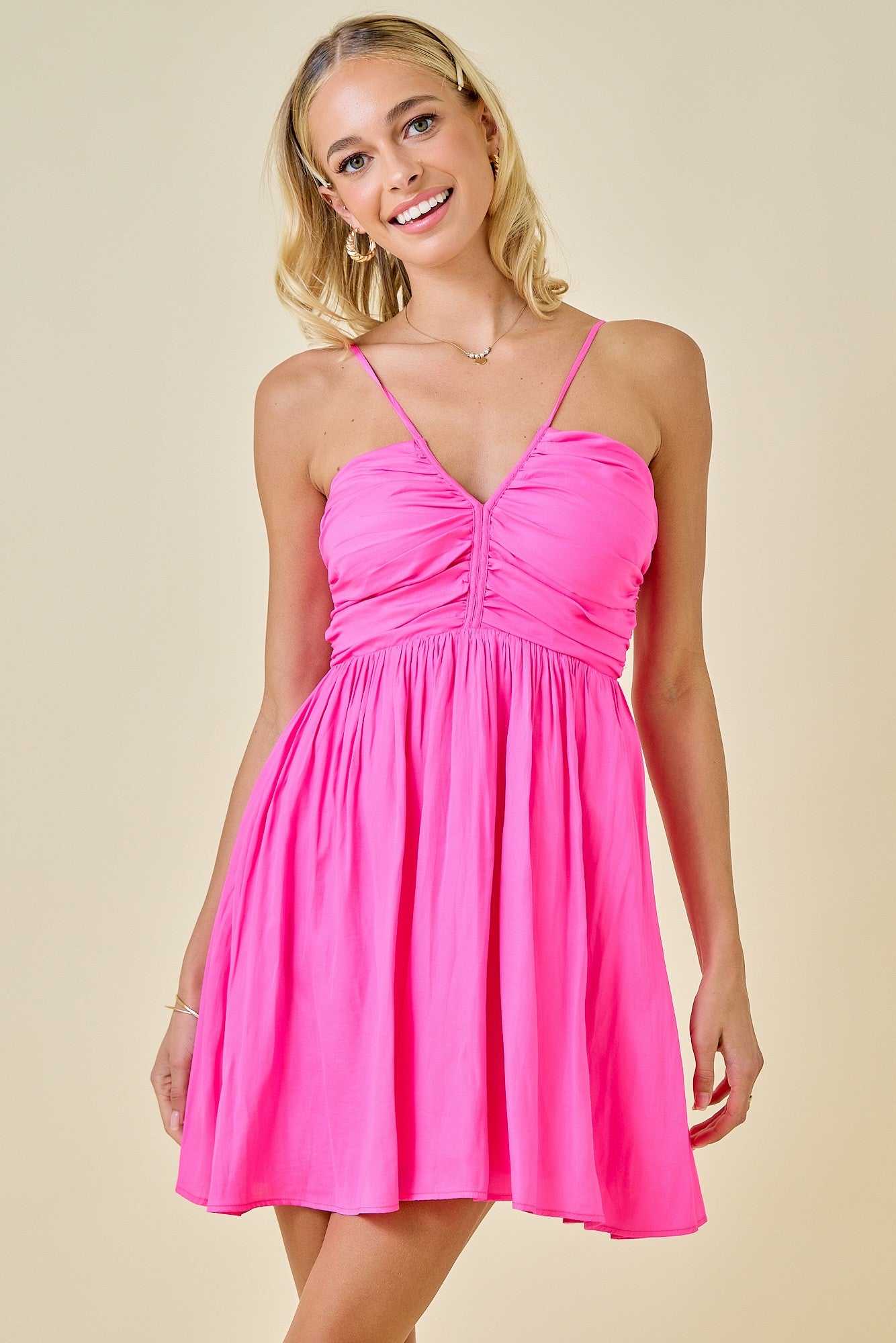 Shirred V-Neck Bright Mini Dress
